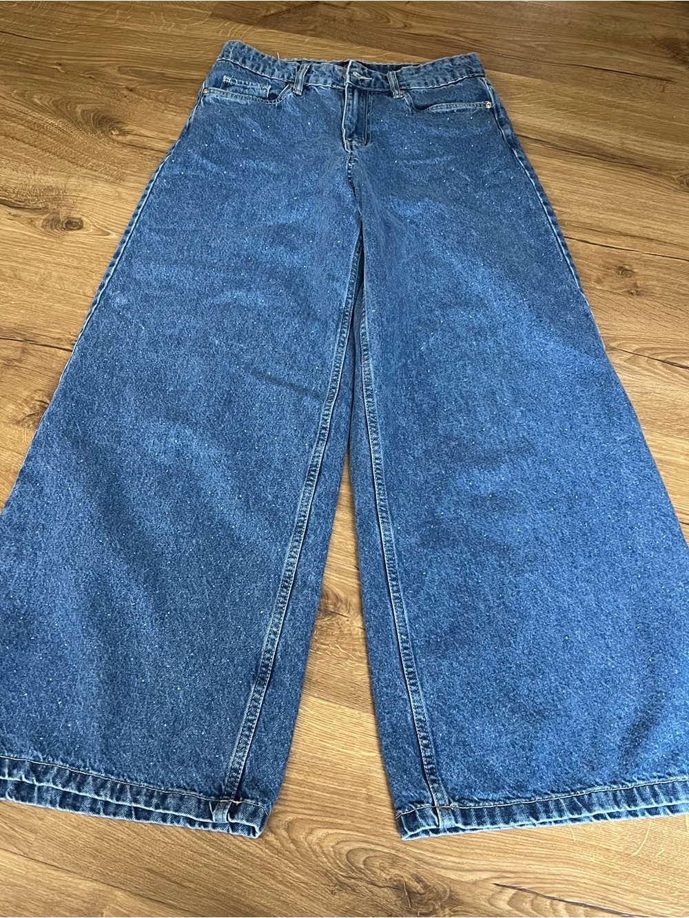 High-Rise Wide Leg Jeans in Denim Blue with Blue Sparkles